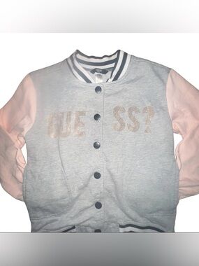 GUESS? Kids Girls Heather Grey & Pink Rhinestone Varsity Bomber Jacket